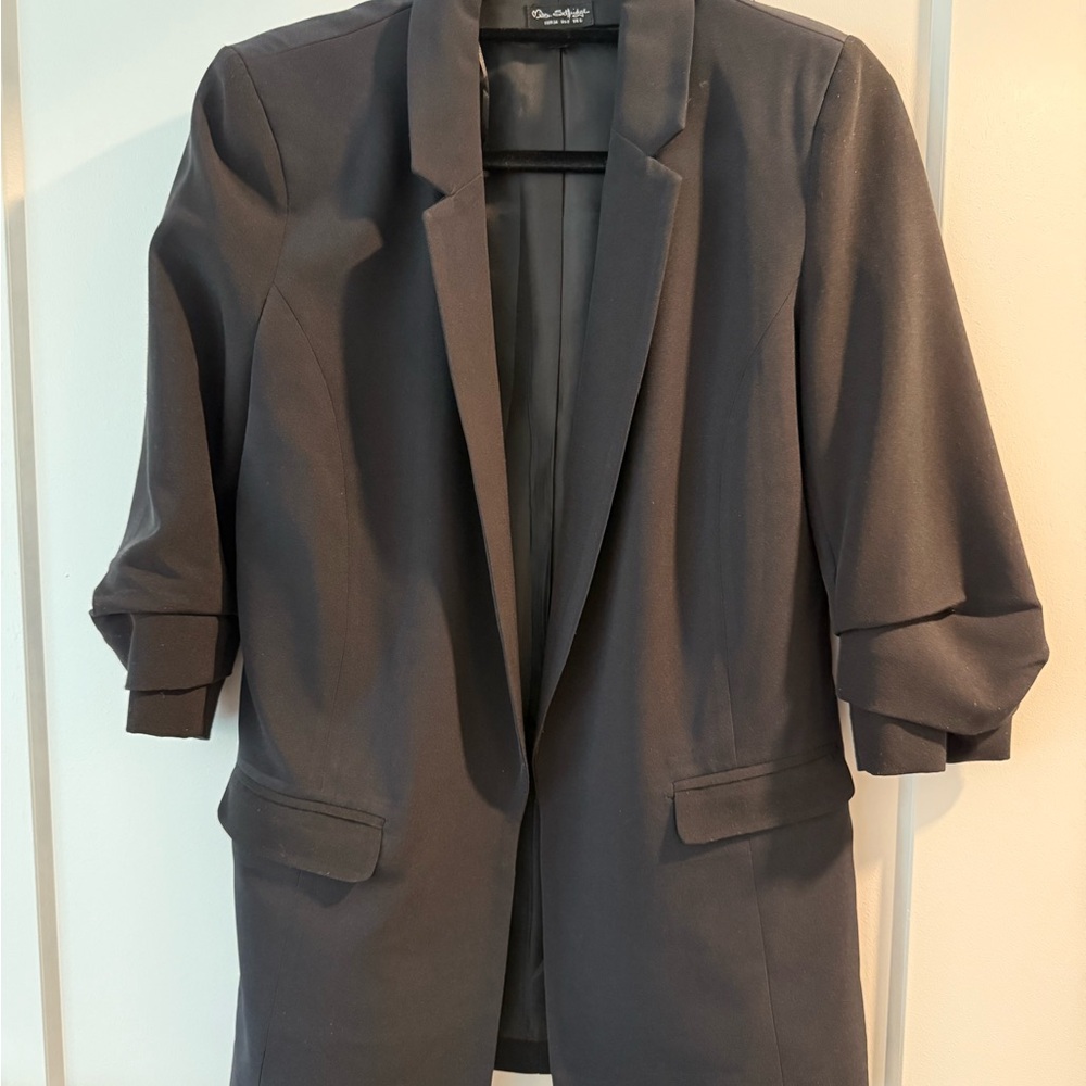Miss Selfridge Charcoal Grey Blazer 3/4 Ruched Sleeves Open Front